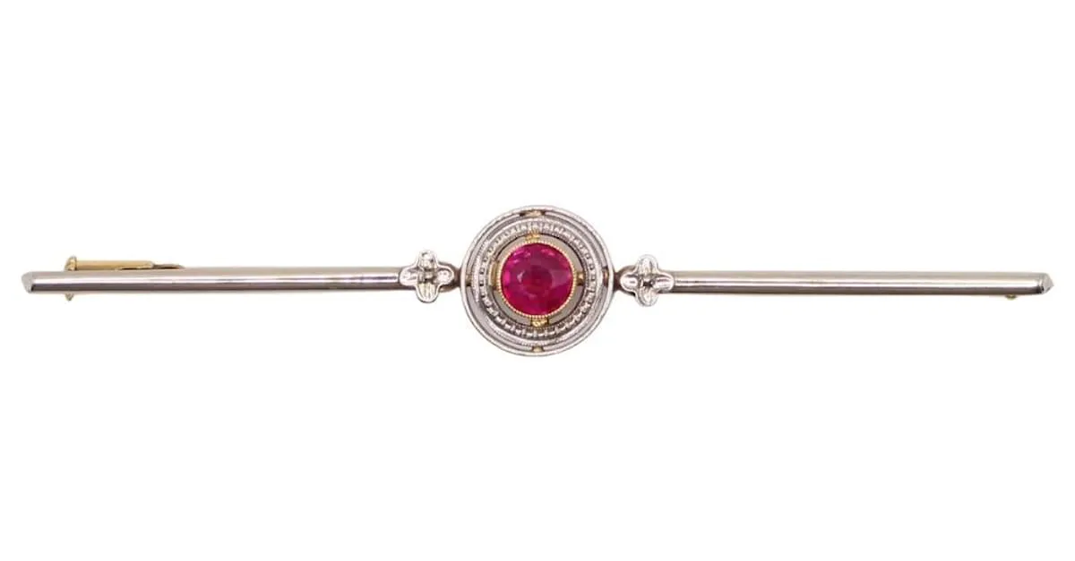 Autre Marque Broche Art Deco engastado con un rubí sintético de oro blanco y oro amarillo 750%O Roja Gold hardware 