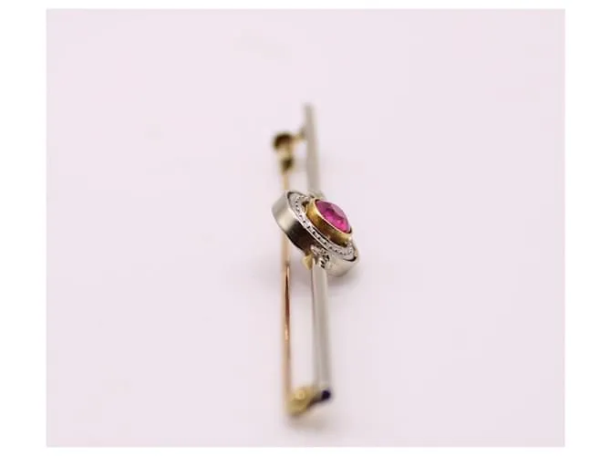 Autre Marque Broche Art Deco engastado con un rubí sintético de oro blanco y oro amarillo 750%O Roja Gold hardware 