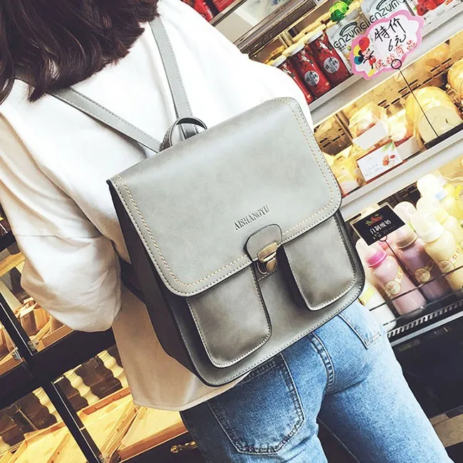 British Gloosy Square PU Metal Lock Match Flap Two Pockets Outside Student Backpack