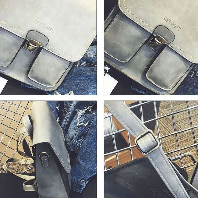 British Gloosy Square PU Metal Lock Match Flap Two Pockets Outside Student Backpack