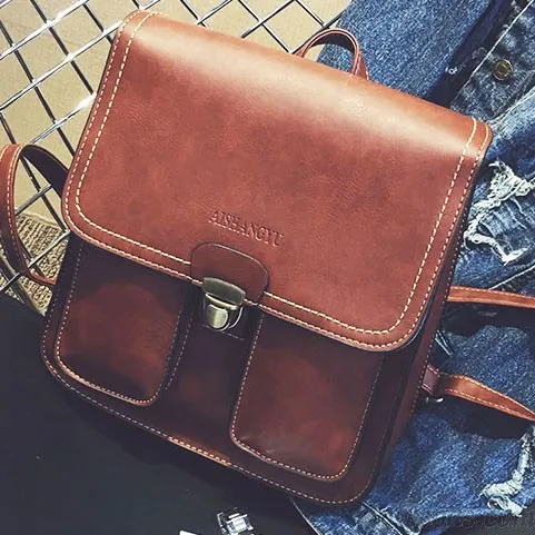 British Gloosy Square PU Metal Lock Match Flap Two Pockets Outside Student Backpack