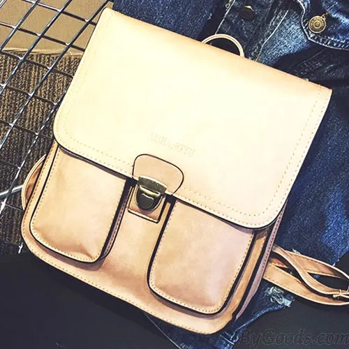 British Gloosy Square PU Metal Lock Match Flap Two Pockets Outside Student Backpack