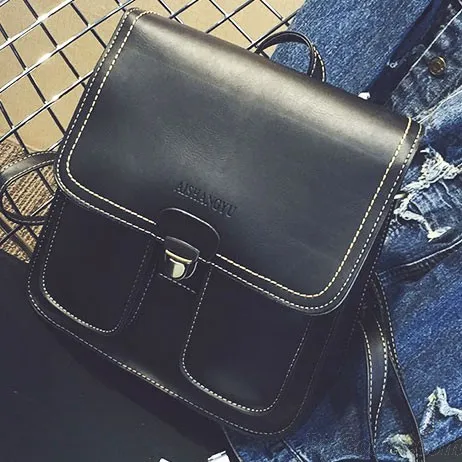 British Gloosy Square PU Metal Lock Match Flap Two Pockets Outside Student Backpack