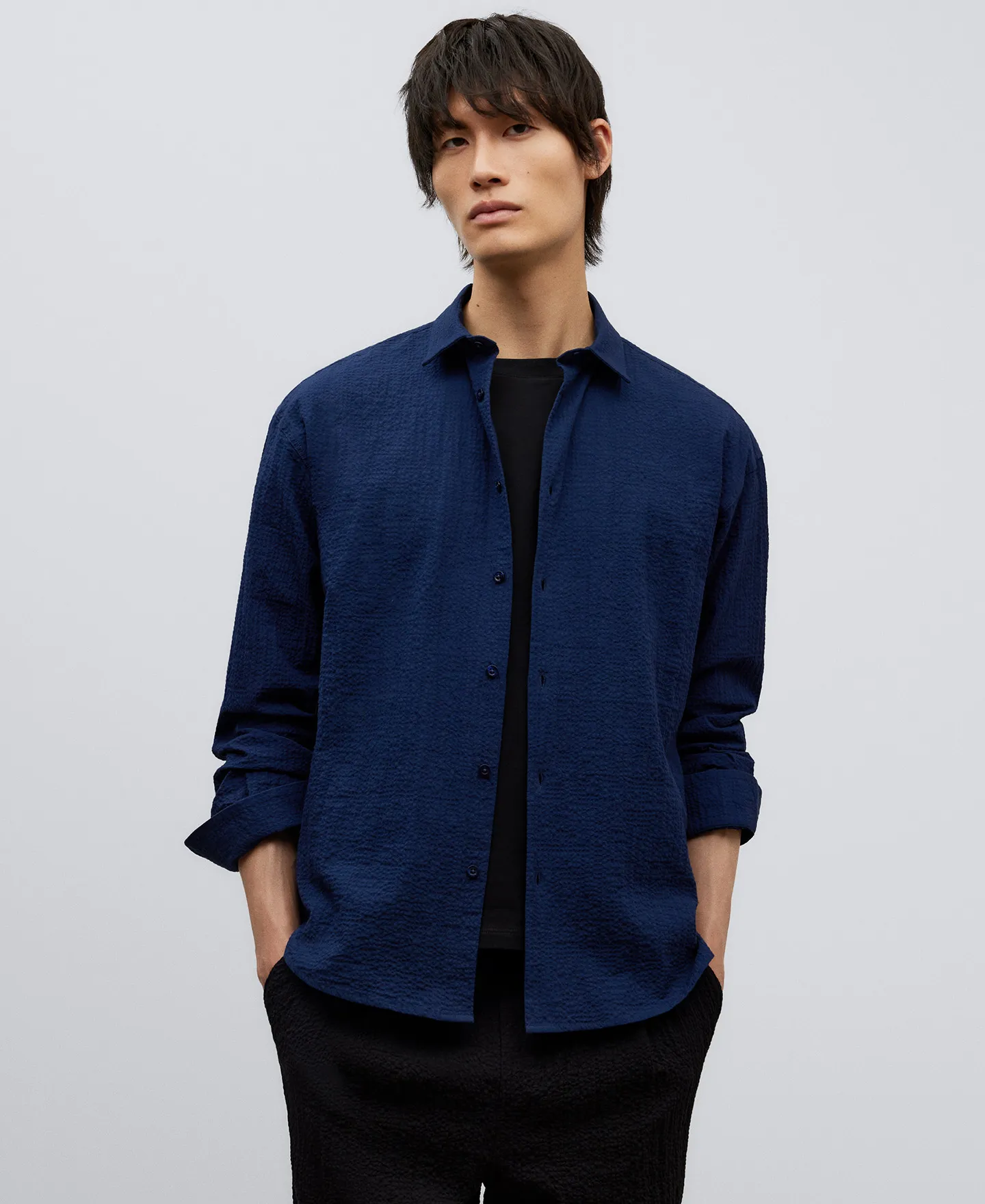 Camisa en algodón azul marino hombre