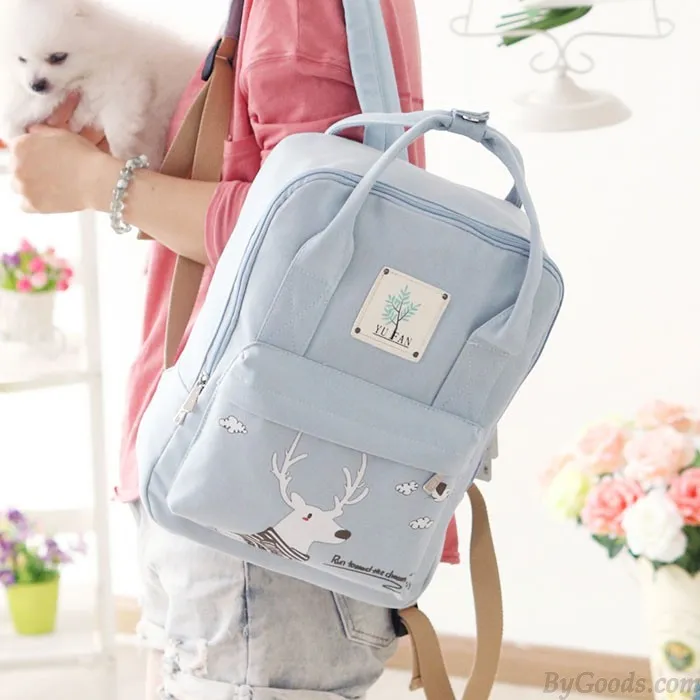Cartoon Deer Girl Rucksack College Multifunction Canvas Backpack