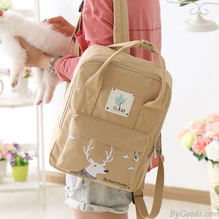 Cartoon Deer Girl Rucksack College Multifunction Canvas Backpack