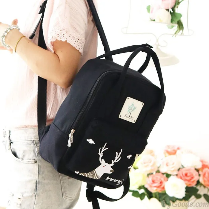Cartoon Deer Girl Rucksack College Multifunction Canvas Backpack