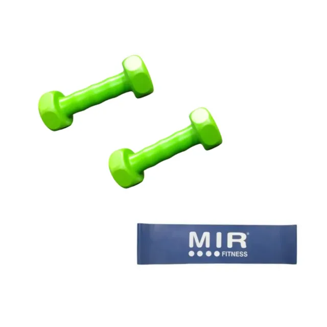 COMBO GYM! 2 MANCUERNAS PLASTICAS 1KG + TIRABAND (ALTA)