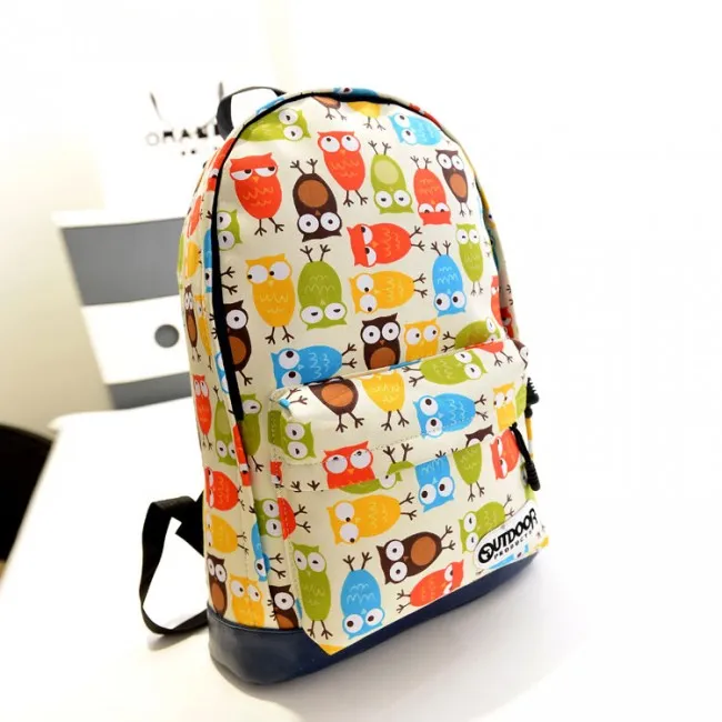 Cute College Style Owl & Leaves Canvas Backpack