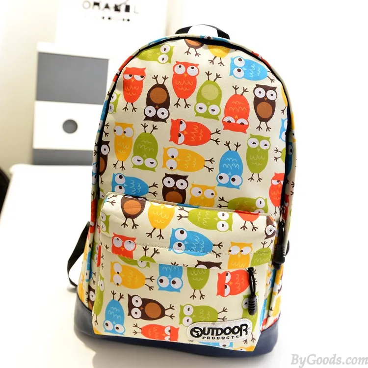 Cute College Style Owl & Leaves Canvas Backpack