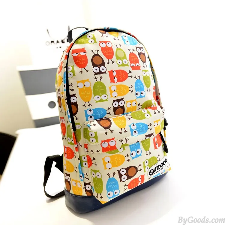 Cute College Style Owl & Leaves Canvas Backpack