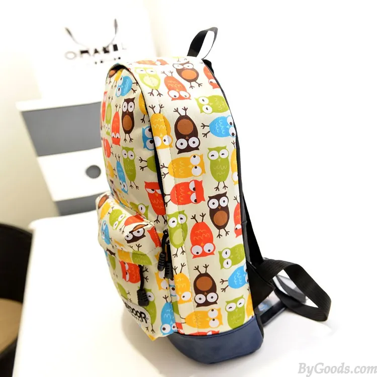 Cute College Style Owl & Leaves Canvas Backpack