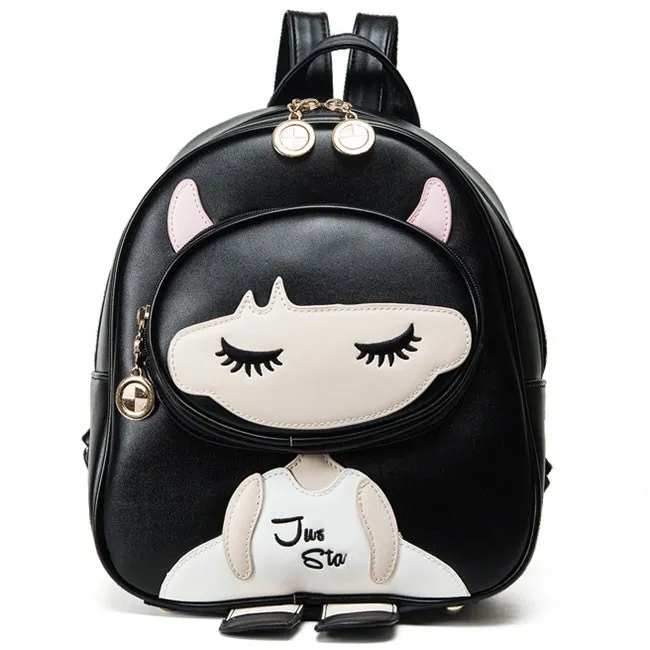 Cute PU Splicing Cartoon Close Eyes Girl Black Leisure School Backpack 
