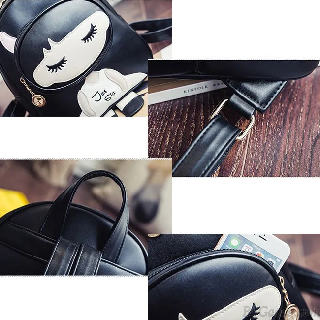 Cute PU Splicing Cartoon Close Eyes Girl Black Leisure School Backpack 