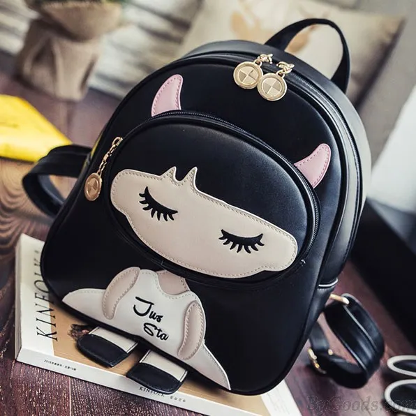 Cute PU Splicing Cartoon Close Eyes Girl Black Leisure School Backpack 