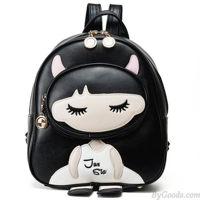 Cute PU Splicing Cartoon Close Eyes Girl Black Leisure School Backpack 