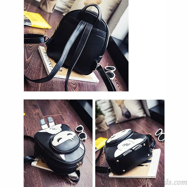 Cute PU Splicing Cartoon Close Eyes Girl Black Leisure School Backpack 