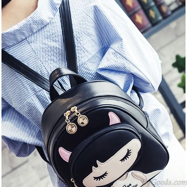 Cute PU Splicing Cartoon Close Eyes Girl Black Leisure School Backpack 