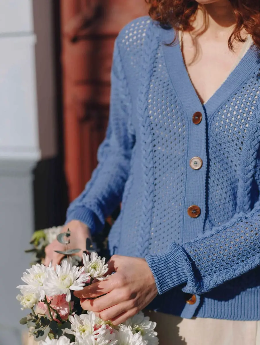 Cárdigan calado mujer de algodón orgánico azul