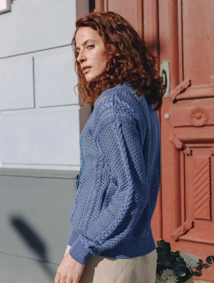 Cárdigan calado mujer de algodón orgánico azul