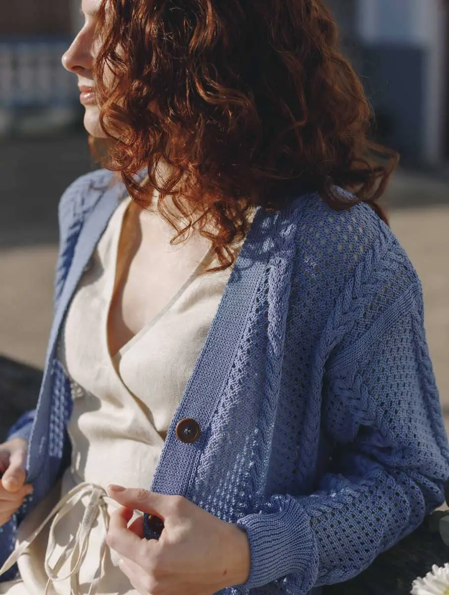 Cárdigan calado mujer de algodón orgánico azul