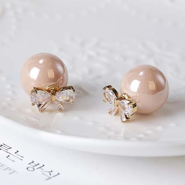 ELEGANT DIAMONDBORDERED BOW ZIRCON PEARL ROUND DUALPURPOSE WOMEN EARRING STUDS 