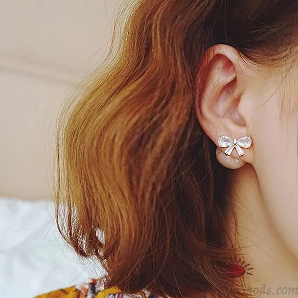 ELEGANT DIAMONDBORDERED BOW ZIRCON PEARL ROUND DUALPURPOSE WOMEN EARRING STUDS 