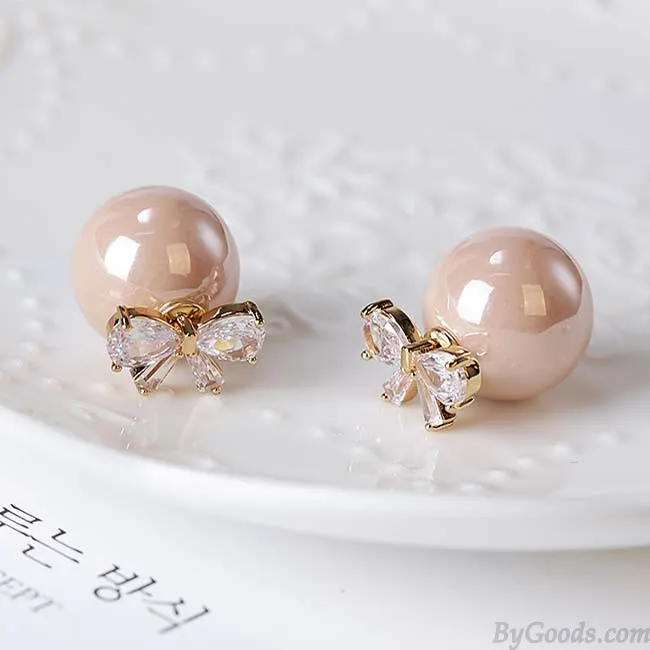 ELEGANT DIAMONDBORDERED BOW ZIRCON PEARL ROUND DUALPURPOSE WOMEN EARRING STUDS 
