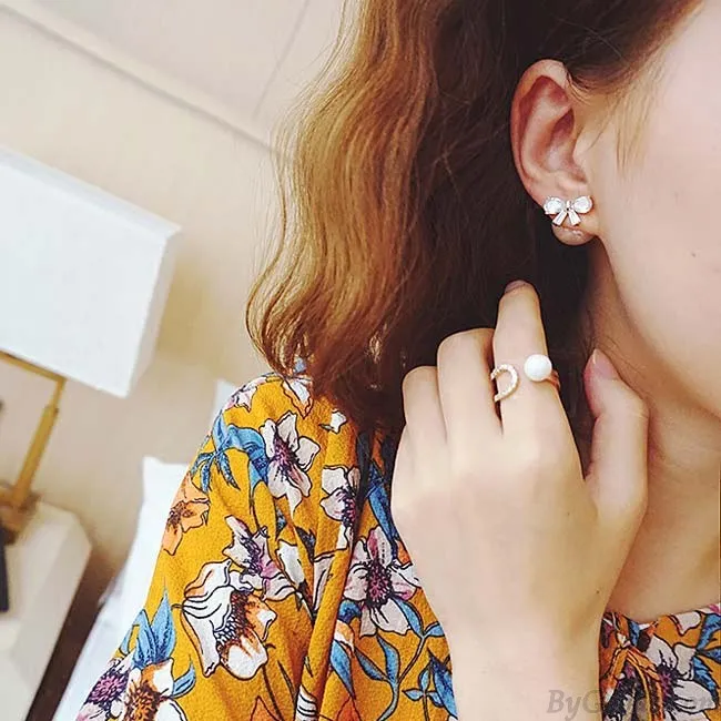 ELEGANT DIAMONDBORDERED BOW ZIRCON PEARL ROUND DUALPURPOSE WOMEN EARRING STUDS 