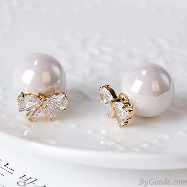 ELEGANT DIAMONDBORDERED BOW ZIRCON PEARL ROUND DUALPURPOSE WOMEN EARRING STUDS 
