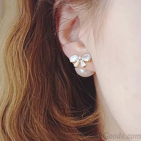 ELEGANT DIAMONDBORDERED BOW ZIRCON PEARL ROUND DUALPURPOSE WOMEN EARRING STUDS 