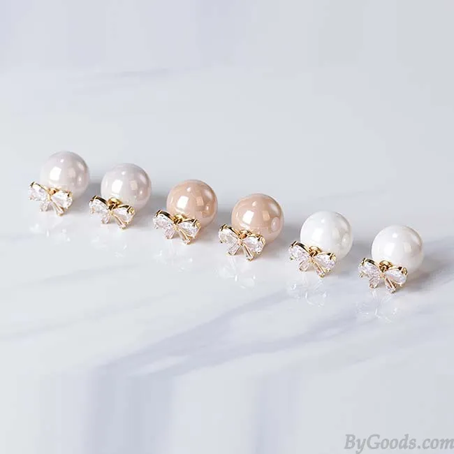 ELEGANT DIAMONDBORDERED BOW ZIRCON PEARL ROUND DUALPURPOSE WOMEN EARRING STUDS 