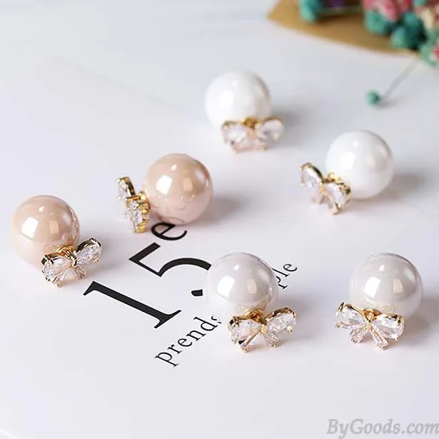 ELEGANT DIAMONDBORDERED BOW ZIRCON PEARL ROUND DUALPURPOSE WOMEN EARRING STUDS 