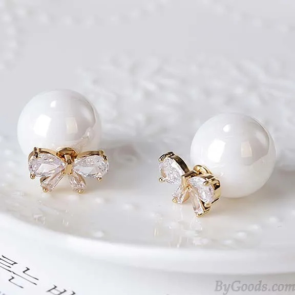 ELEGANT DIAMONDBORDERED BOW ZIRCON PEARL ROUND DUALPURPOSE WOMEN EARRING STUDS 