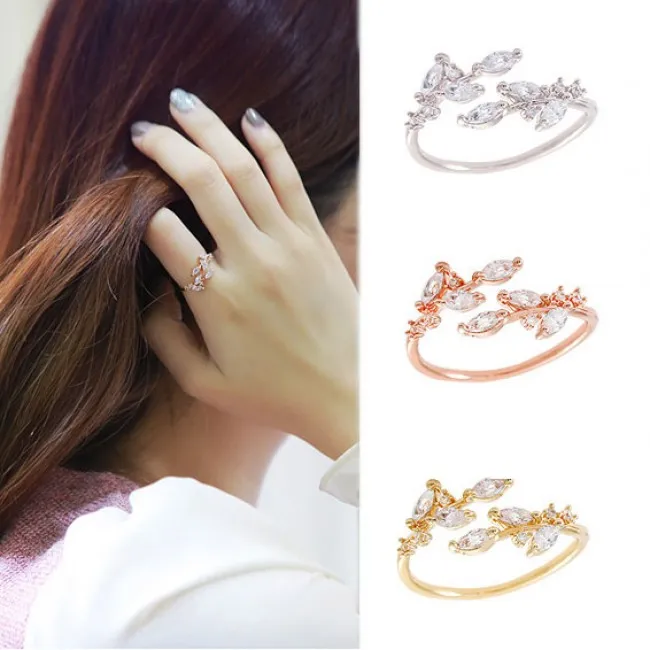 Elegant Leaves Inlay Diamond Glisten Adjustable Opening Ring 