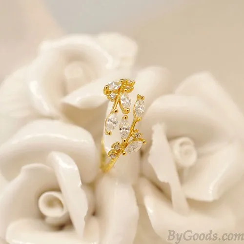 Elegant Leaves Inlay Diamond Glisten Adjustable Opening Ring 