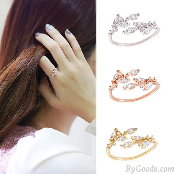 Elegant Leaves Inlay Diamond Glisten Adjustable Opening Ring 