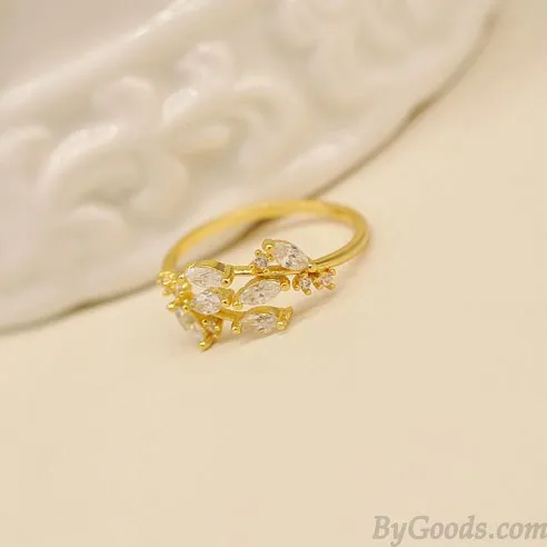 Elegant Leaves Inlay Diamond Glisten Adjustable Opening Ring 