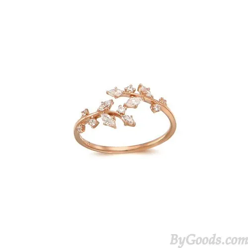 Elegant Leaves Inlay Diamond Glisten Adjustable Opening Ring 