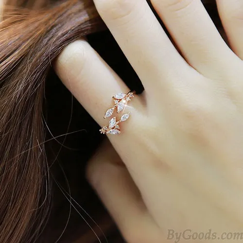 Elegant Leaves Inlay Diamond Glisten Adjustable Opening Ring 