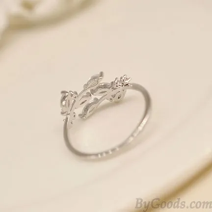 Elegant Leaves Inlay Diamond Glisten Adjustable Opening Ring 
