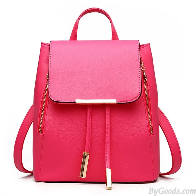 Elegant Pink Funky Lady Solid Simple Square PU Drawstring Hasp Satchel Backpack