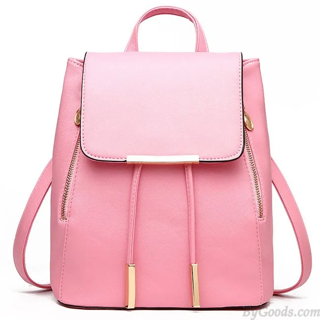 Elegant Pink Funky Lady Solid Simple Square PU Drawstring Hasp Satchel Backpack