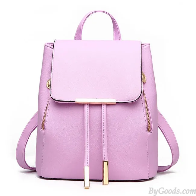 Elegant Pink Funky Lady Solid Simple Square PU Drawstring Hasp Satchel Backpack