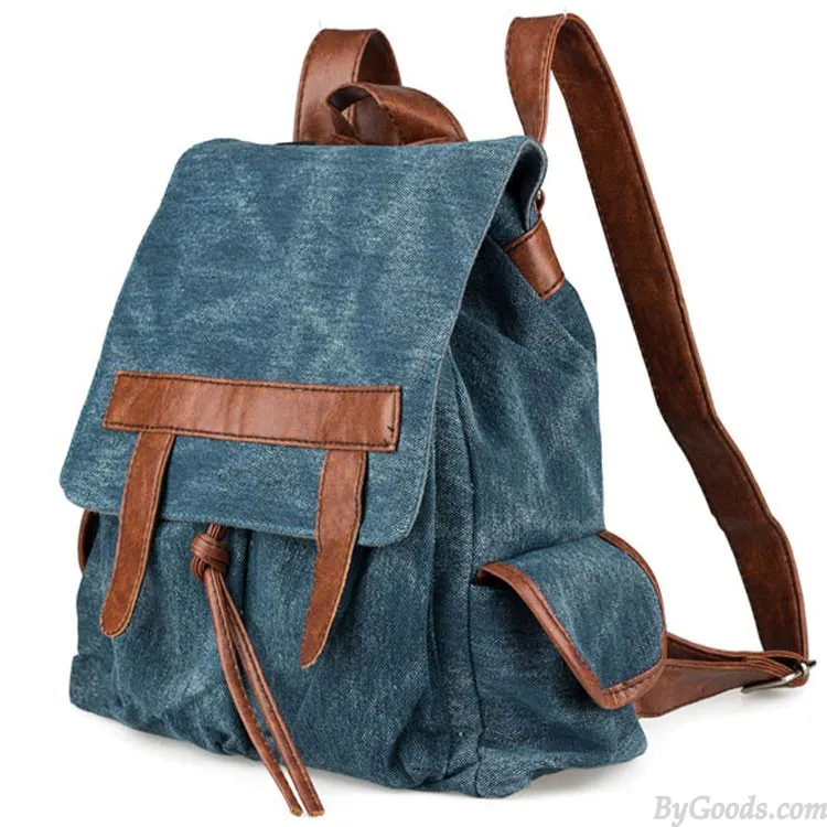  Fashion Denim With Leather Tassels Canvas Backpack