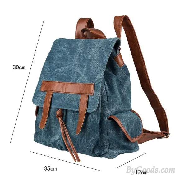  Fashion Denim With Leather Tassels Canvas Backpack