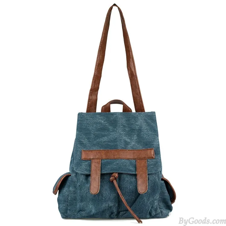  Fashion Denim With Leather Tassels Canvas Backpack