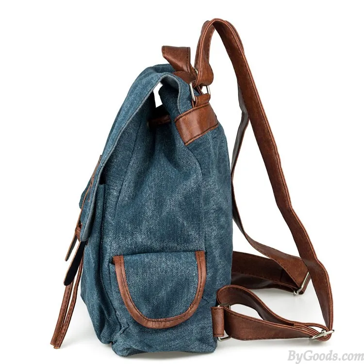  Fashion Denim With Leather Tassels Canvas Backpack