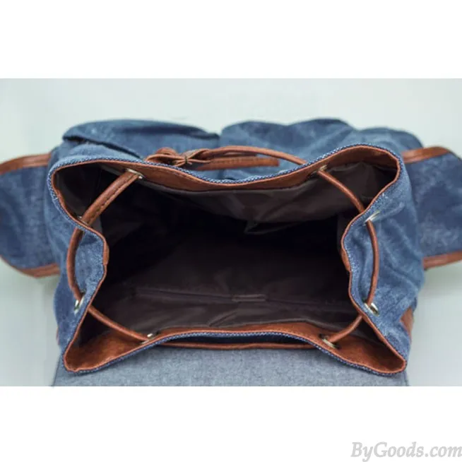  Fashion Denim With Leather Tassels Canvas Backpack
