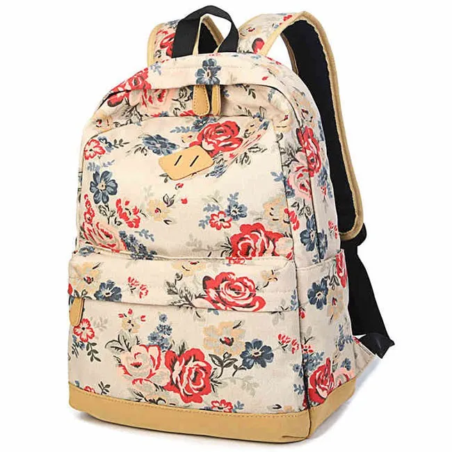 Fashion Girl's Canvas Printing Rose Flowers School Backpack Large Capacity Travel Backpack 